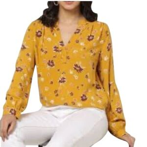Gap Bohemian Mini Floral Long Sleeve Split Neck Rayon Blouse XXL Mustard Yellow